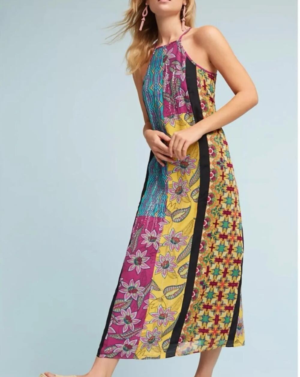 Anthropologie Floreat Henrie Midi Dress Patchwork Sleeveless Beaded SMALL